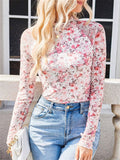 Women's Floral Print Mock Neck Long Sleeve T Shirts