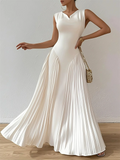 Summer White Slim Fit Pleated V Neck Sleeveless Maxi Dress for Women