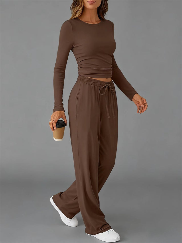 Women's Comfy Sporty Autumn Round Neck Long Sleeve Top and Drawstring Pants Set