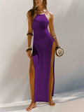 Female Sexy Split Beachwear Halter Neck Knit Cover-up Dress