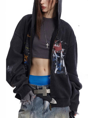 Unisex Street Hip Hop Loose Printed Zip Up Hooded Sweatshirts