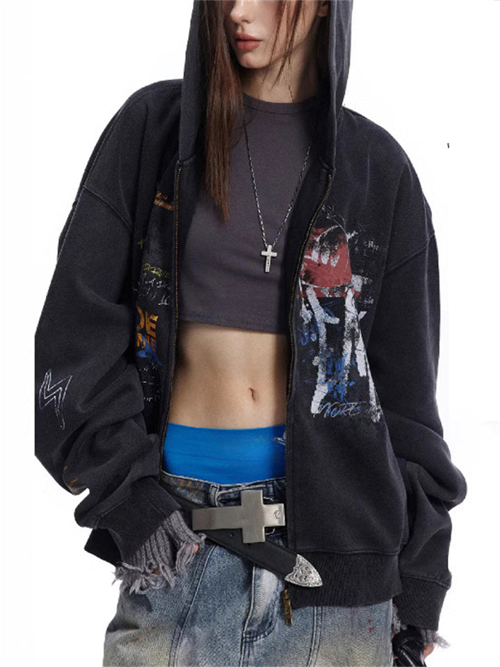 Unisex Street Hip Hop Loose Printed Zip Up Hooded Sweatshirts