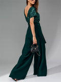 Fashion Sequin Short Sleeve Shirt Wide Leg Jumpsuit for Women