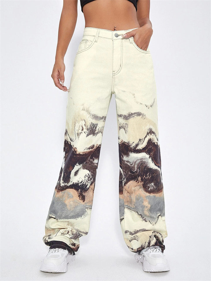 Casual Print High Rise Straight Denim Pants for Women