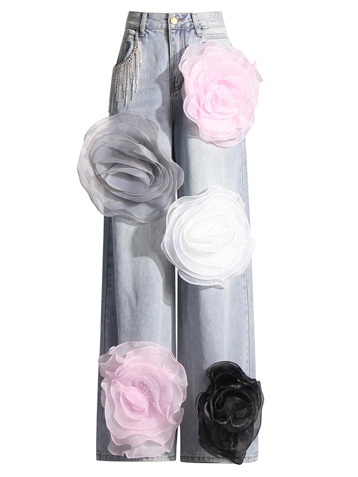 Women's 3D Flowers Wide Leg Straight Denim Pants with Fringe