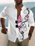 Male Comfy Stand Collar Butterfly Flower Printed Shirt