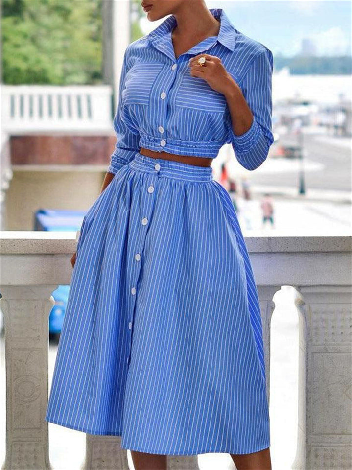 Ladies' 2Pcs Summer Trendy Blue Striped Long Sleeve Cropped Top & Skirt Set