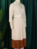 Women's Mid Sleeve Office Lady Style Blazer Collar Pleated Midi Dress With Belt