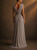 Women Elegant Draped Cowl Neck Ruched Formal Evening Maxi Dress