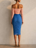 Women Ruched Mesh Off Shoulder Color Block Party Midi Dress