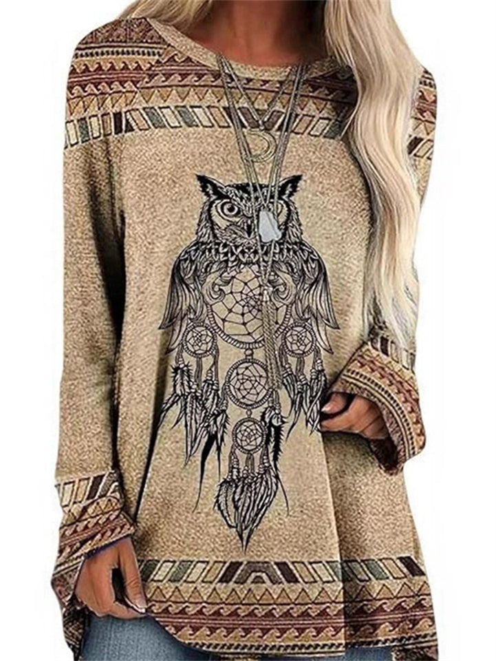 Women's Owls 3D Printed Round Neck Long Sleeve Shirts
