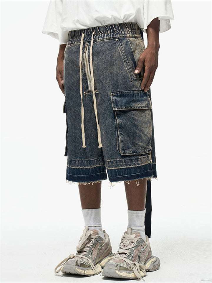 Men's Loose Fit Vintage Cargo Denim Shorts with Multi Pocket