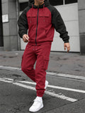 Men Color Block Hoodie and Cargo Jogger Pants Two Piece Outdoor Tracksuit