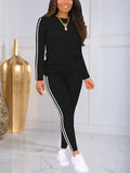 Women's Casual Side Striped Round Neck Long Sleeve Top and Fitted Pants Set