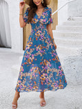 V-Neck Floral Print Holiday Maxi Dresses for Ladies