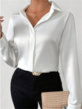 Ladies' Elegant Solid Color Button Up Satin Blouses
