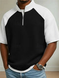 Mens Short Sleeve Quarter Zip Color Block Waffle Textured Knit Top