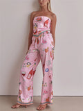 Women's 2pcs Casual Cartoon Print Tube Top & Wide Leg Pants Set