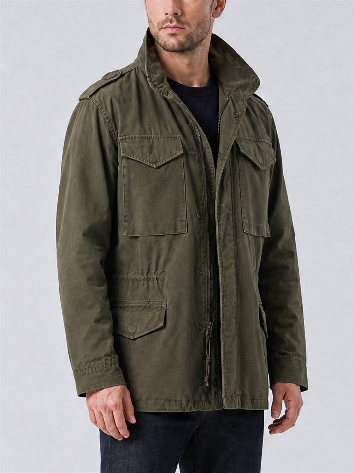 Men Vintage Zip Up Drawstring Waist Multi Pocket Coat