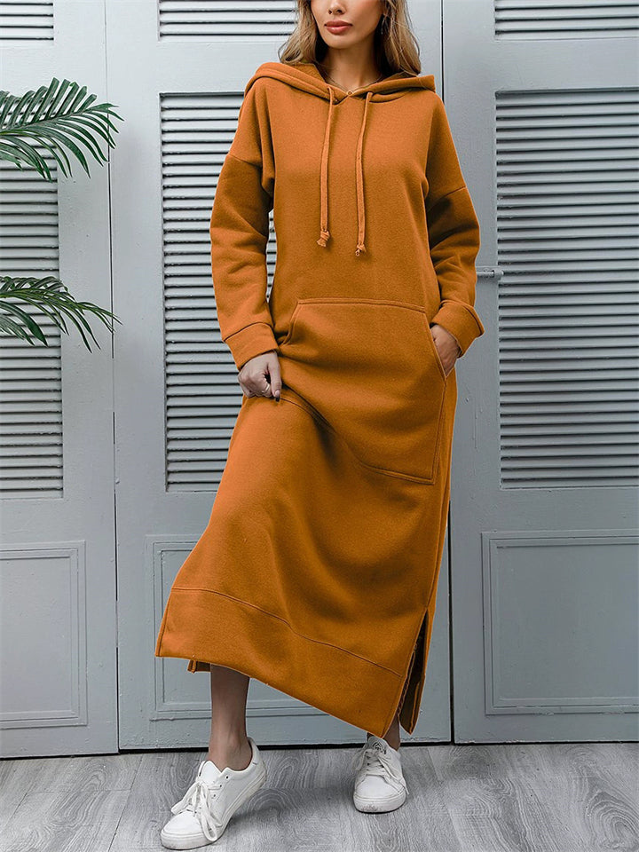 Women's Loose Fleece Solid Color Kangaroo Pocket Hooded Long Sweatshirts