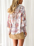 Women's Printed Pullover V-neck Lantern Sleeve Blouse