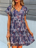Women's Summer Printed Chiffon V Neck Ruffled Sleeve Dress