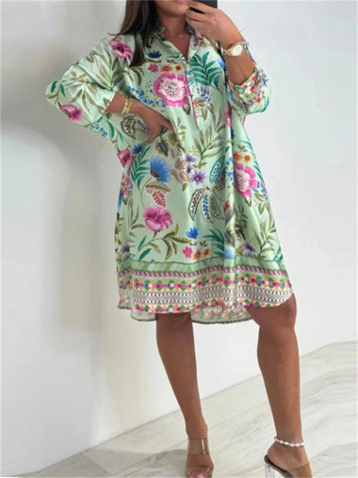 Women's V Neck Trendy Flowers Printed 3/4 Sleeve Dress
