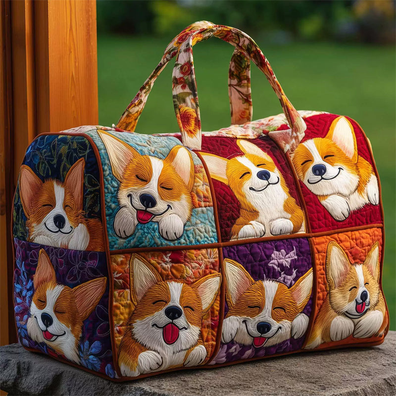 Happy Corgi Dog Pattern Canvas Weekender Duffle Bag for Women