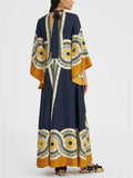 Women's Holiday Style Print Stand Collar V-neck 3/4 Sleeve Maxi Dress