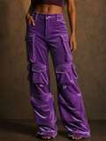 Women's Y2K Purple Velvet Multi Pocket Wide Leg Cargo Pants