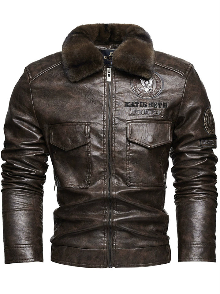 Men's Motorcycle Style Faux Leather Jacket with Faux Fur Collar and Flap Pockets