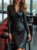 Women's Trendy Black Slim Fit V neck Long Sleeve Dress