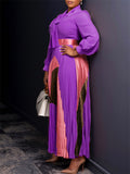 Women's Long Sleeve Tie Neck Pleated Maxi Dress With Belt