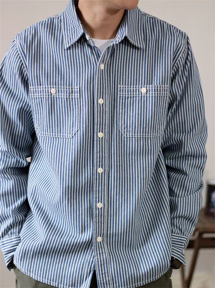 Men's Retro Long Sleeve Stripe Cargo Shirts