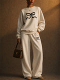 Women Bow Coquette 2 Piece Sweatshirt Wide Leg Pants Set