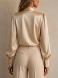Women Elegant Satin Bow Tie Blouse Puff Sleeve Top