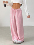 Soft Pink Wide Leg Casual Pants for Women with Drawstring Waist