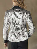 ‌Elegant Satin Button Up Leopard Print Long Sleeve Blouses for Women‌