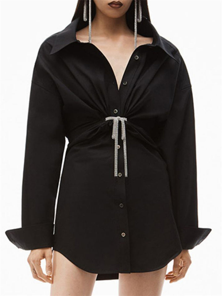 Women's Solid Color V-Neck Tie Waist Lapel Blouses