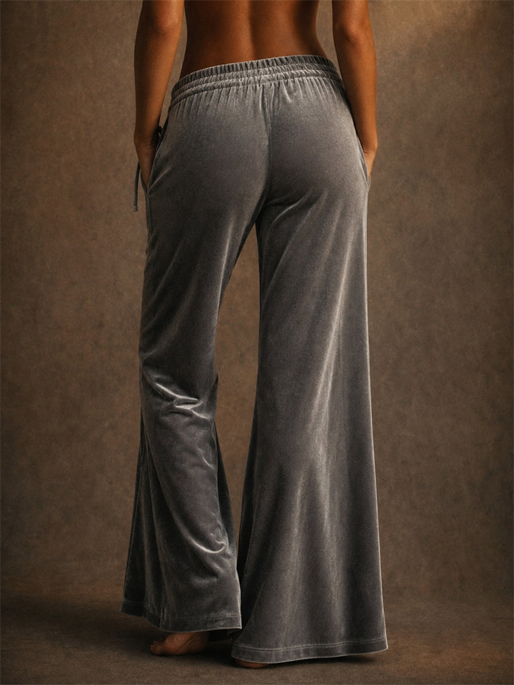 Women Velvet High Waist Y2K Drawstring Wide Leg Flared Pants