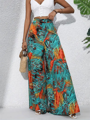 Women's Holiday Style Leaves Printed Chiffon High Waist Wide Leg Pants