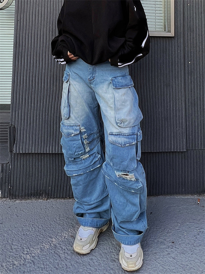 Women's Distressed Pockets Wide Leg Ripped Denim Pants