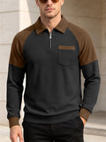 Men Waffle Knit Polo Shirt Zip Up Color Block Long Sleeve Top