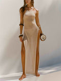 Female Sexy Split Beachwear Halter Neck Knit Cover-up Dress