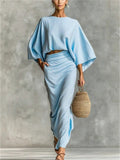 Women's Boho Casual Wear 2 Piece Set Bell Sleeve Crop Top and Draped Skirt Set