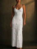 Women 3D Floral Backless Knitted Vacation Maxi Dress