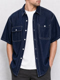 Mens Short Sleeve Denim Button Up Shirt with Multi Pocket
