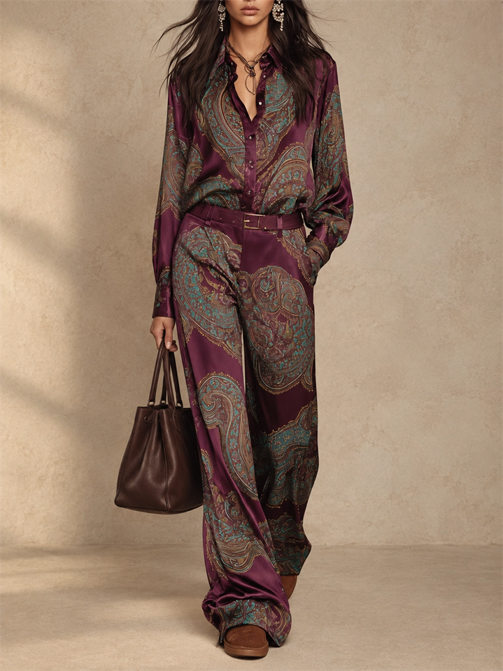 Women Two Piece Paisley Satin Shirt and Wide Leg Pants Outfit