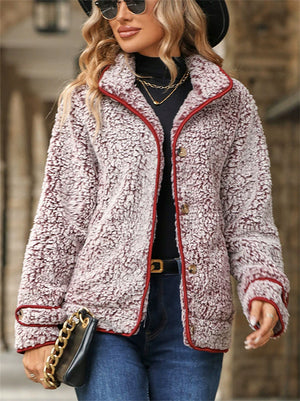 Women's Autumn Contrast Trim Single Breasted Lapel Fleece Coats