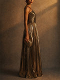 Women Metallic Pleated Backless High Slit Evening Gown
